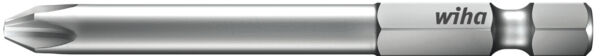 The image shows a silver screwdriver bit, straight and narrow. At one end, there is a cross-shaped notch. The brand 