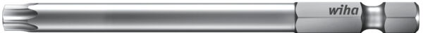 The image shows a silver screwdriver bit with a flat end. It has an elongated shape and a textured grip edge with the inscription "wiha" on it.