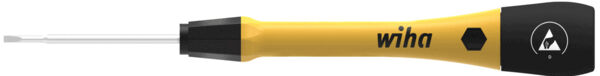 The image shows a screwdriver with a long, thin steel handle. The handle is yellow with a black end, which features a logo. The screwdriver is suitable for precision work.