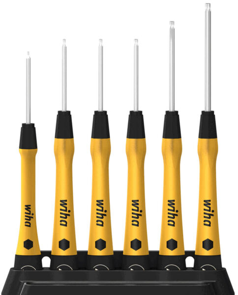 The image displays a set of six screwdrivers in various sizes. The handles are black with yellow elements and the logo 