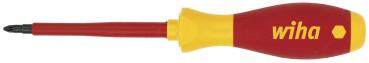 The image shows a Phillips screwdriver with a red-yellow handle. The handle is ergonomically shaped and features an embedded brand name. The tip is black and narrow.