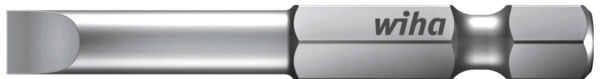 The image shows a silver screwdriver bit with a smooth, straight end. It has a distinctive constriction in the middle and is marked with the inscription 