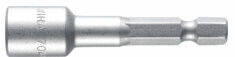 The image shows a narrow, metallic bit with a hexagonal receiving tip. It has a smooth surface and a short extension. Ideal for screw tools.