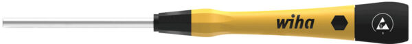 The image shows a screwdriver with a yellow handle and a black tip. The handle has a non-slip surface and a hexagonal recess. The blade is long and metallic.