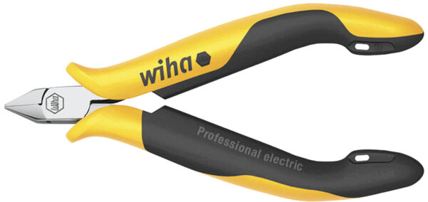 The image shows a pair of pliers with a metallic, narrow cutting head and ergonomic handles. The handles are black with yellow accents, and an inscription is visible.