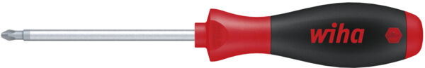 The image shows a screwdriver with a metallic shaft and an ergonomic handle. The handle is black with red accents and the logo 