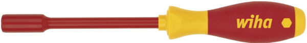 The image shows a screwdriver with a red handle and a yellow head seal. The handle has a non-slip texture and the metal tip is hexagonal. The brand 