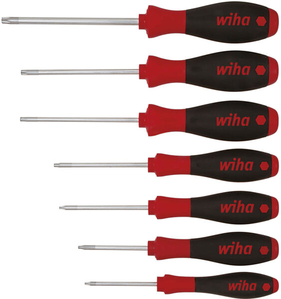 The image displays a set of six screwdrivers with ergonomic, black and red handles. The handles are labeled 