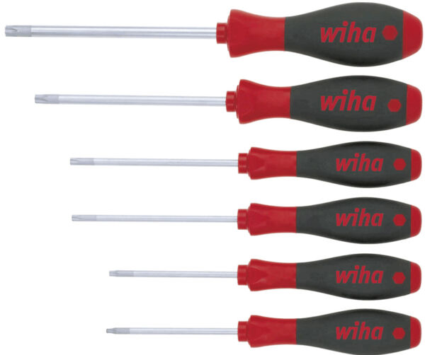 The image displays a series of six screwdrivers with gray and red handles. The handles are ergonomically designed and bear the inscription 