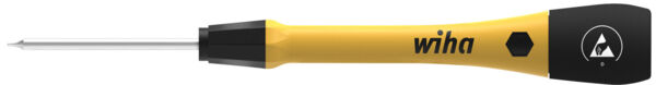 The image shows a screwdriver with a yellow handle and black rubber at the top. The blade is thin and made of metal, ideal for precise screwing tasks.