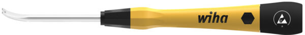 The image shows a yellow screwdriver with a slightly curved, narrow tip. The handle has a non-slip coating and bears the logo 