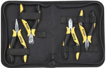 The image shows a black tool bag that is open. Inside, there are several pliers with yellow and black handles, neatly arranged and secured.