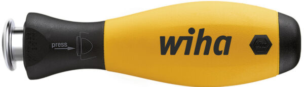 The image shows a yellow screwdriver with a black handle. On the handle it says "wiha". The upper part is round and has a push button. It is ergonomically shaped for a good grip.