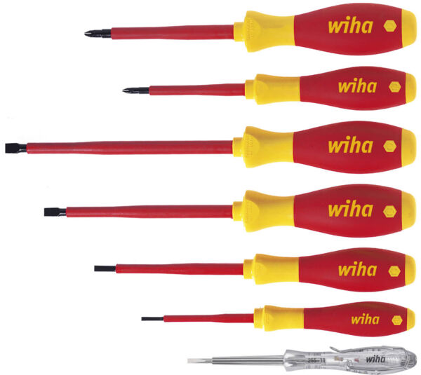 The image displays six screwdrivers in various sizes. They feature yellow handles with red elements and are suitable for different types of screws.