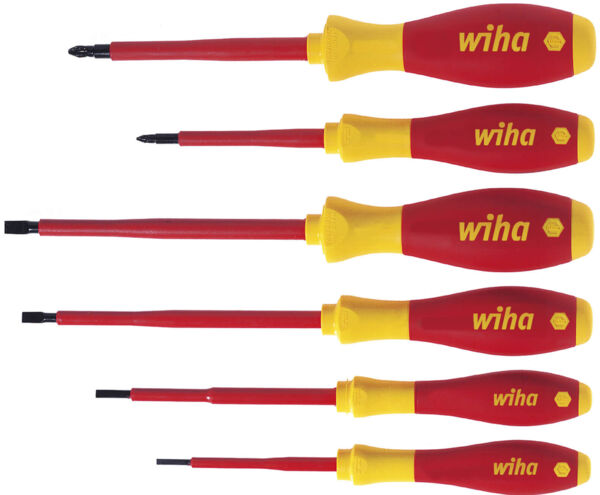 Six screwdrivers are lying side by side. They have yellow handles with red surfaces and bear the word 