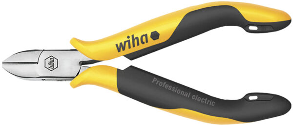 The image displays a pair of pliers with a black and yellow plastic handle. The cutting edge is made of shiny metal and has a straight shape, suitable for electrical work.