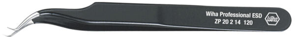 The image shows a sharp, black tweezer with a curved tip. On the side, it reads 