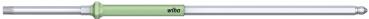 The image shows a short, gray pencil with a greenish, round grip. The pencil has a thin, pointed tip and appears light and handy.