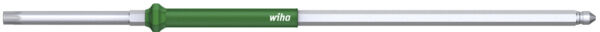 It is a slim, long screwdriver. The handle is green and has a rubberized surface. The shaft is metallic and shiny, with the screw attachment at one end.