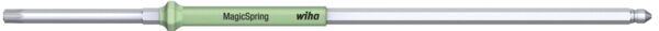 The image shows a long, slender screwdriver with a green handle and a silver metal tip. The handle is marked with 