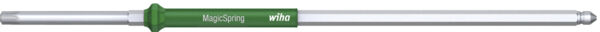 The image shows a long, slender screwdriver with a silver shaft and a green handle. The handle has a round shape and includes the inscription 