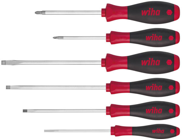 The image shows six screwdrivers in a row. They have black handles with red accents and the inscription 