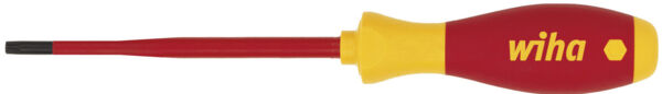 The image shows a red screwdriver with a yellow handle. The handle has the inscription 