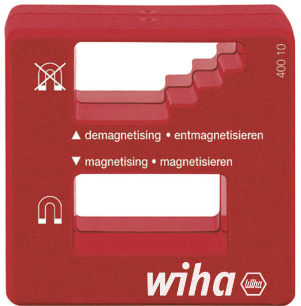 The image shows a red, rectangular tool for magnetization and demagnetization. It has two areas with symbols, instructions in German, and the "wiha" logo at the bottom edge.