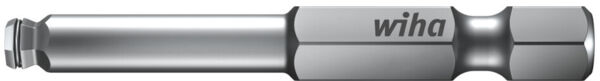 The image shows a silver screwdriver bit. It has a hexagonal shape, a smooth surface, and bears the imprint 