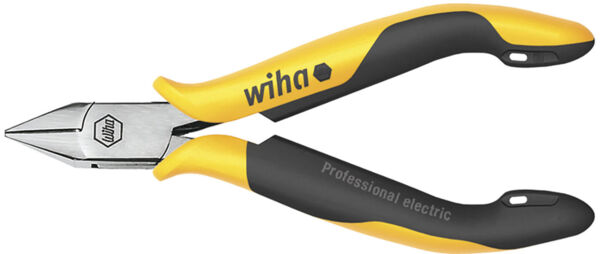 The image shows a pair of pliers with a pointed, sharp edge and a colored grip area. The handles are primarily black with yellow accents and the brand name 