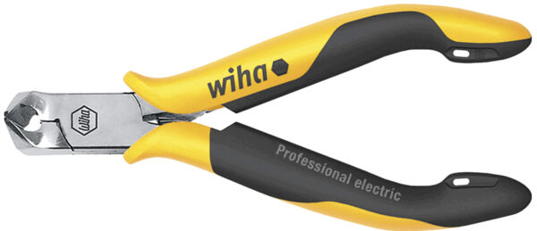 The image shows a yellow-black pliers with insulated handles. The pliers have a shiny metal tip for cutting and bear the inscription 