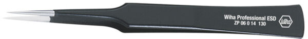 The image displays a fine, black metal tweezer with a narrow, pointed tip. The handle features a textured surface for improved grip. Brand name is printed.