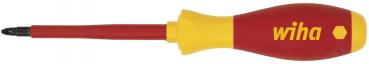 The image shows a red screwdriver with a yellow handle. The handle has an ergonomic shape and bears the logo 