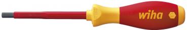 The image shows a screwdriver with a red-yellow handle. The handle has an ergonomic shape with a yellow tip and a red-orange body. The blade is slim and straight.