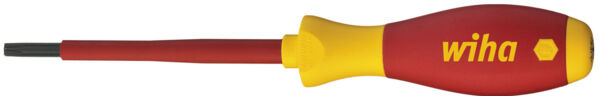 The image shows a screwdriver with a long, slender metallic shaft and an ergonomic handle. The handle is red with yellow accents and features the inscription 