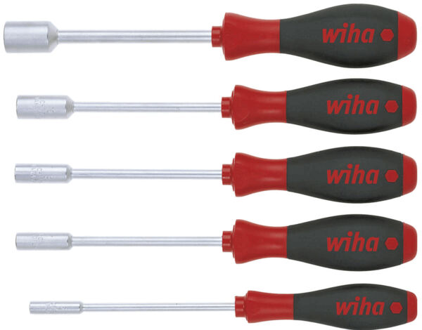 The image shows a row of screwdrivers. They have gray and red handles, vary in length, and have a metallic tip. They are neatly arranged in a row.