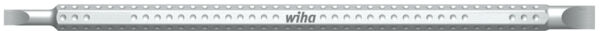 The image shows a long, straight ruler. It has a scale with numbers and small marks on one side that indicate measurements. The ruler is light-colored and made of plastic.