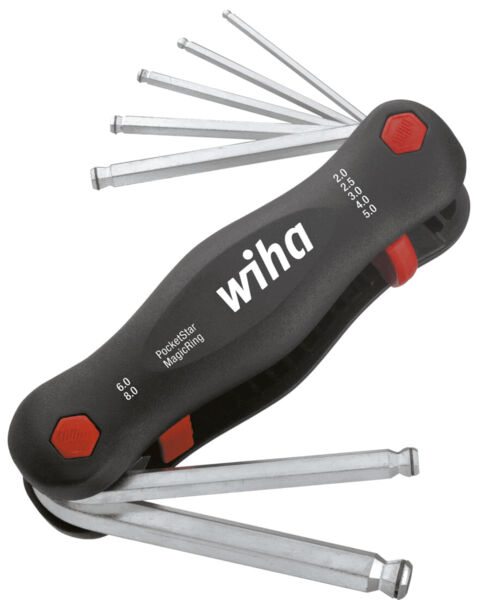 The image shows a black hex key with multiple fold-out tools. It has red and gray accents and features the "wiha" logo. The edges are metallically shiny.