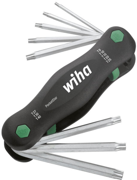 The image shows a compact tool handle with several fold-out hex keys. The handle is black with green accents and features the ?wiha? logo.