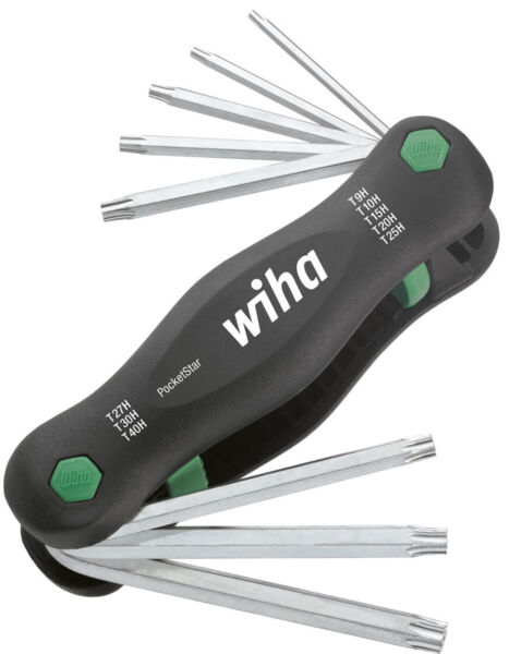 The image shows a compact black hex key with green grip sides. It is foldable and includes several hex keys in different sizes.