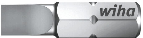 The image shows a silver screwdriver bit with a smooth, rectangular shape. On the side, the word 