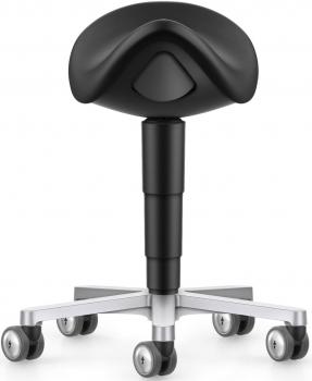 The image shows a black work stool on wheels. The seat is ergonomically shaped and has a curved contour. The stool features an adjustable, cylindrical stand.