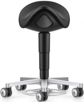 The image shows a black stool with a curved seat. It features an adjustable cylindrical column and is mounted on a five-spoke base with casters, allowing for mobility.