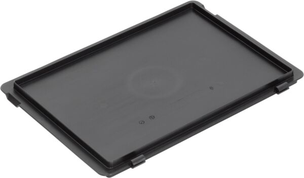 The image displays a flat, rectangular container made of black plastic. The edges are slightly elevated, and the surface is smooth with a central indentation.