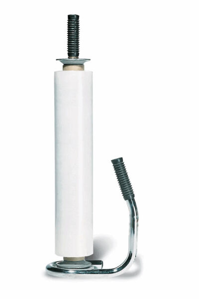 The image shows a white rolling table runner with a handle and a metal base. The roller is cylindrical and has threads at both ends. It is used for applying paint.