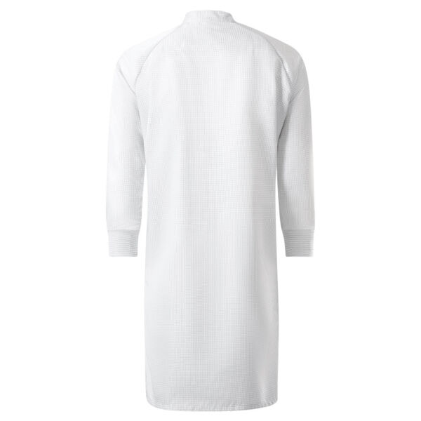 The image shows a long, light garment with a closed collar and long sleeves. The surface has a slight texture or pattern. It is plain and solid-colored.