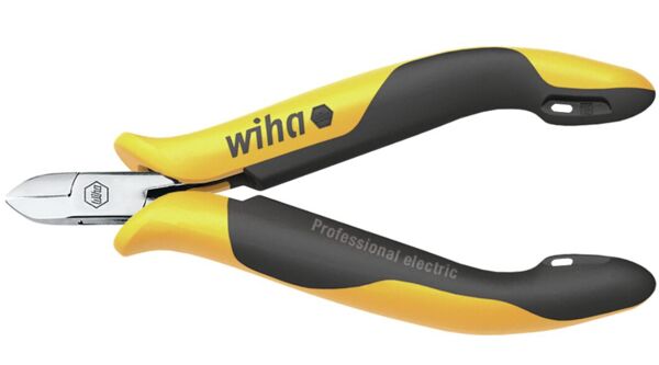 The image shows a pair of pliers with a yellow and black handle. The blades are narrow and metallic, with a precise, professional design for electrical applications.