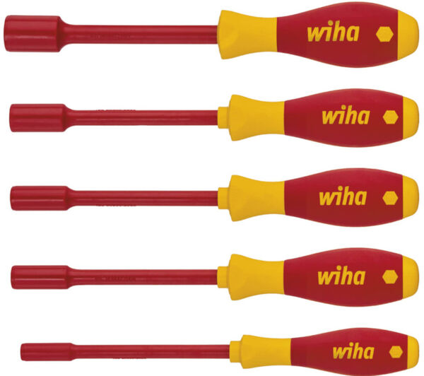 The image shows five screwdrivers with red handles and yellow ends. The handles have a curved shape, and they vary in length from top to bottom.