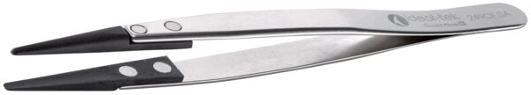 The image shows a double stainless steel tweezer with pointed, narrow ends. The handles are partly black and the surface is shiny. It appears precise and hygienic.