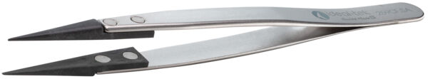 The image shows a pointed stainless steel tweezer. Two narrow tongs are arranged at an angle, with a non-slip, black surface at the tips.